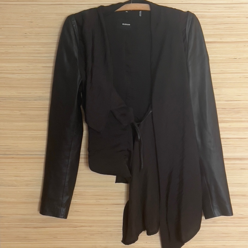 Rudsak leather accent asymmetrical jacket size S small logo open front tie